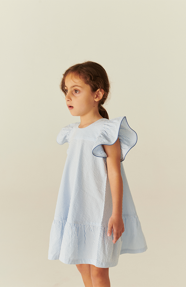Seersucker Dress w/ Frill Sleeves - Sky Blue w/ Cream Stripe Copenhagen Colors Klänning