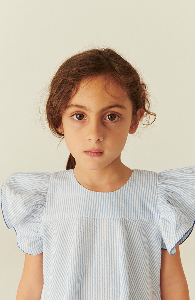 Seersucker Dress w/ Frill Sleeves - Sky Blue w/ Cream Stripe Copenhagen Colors Klänning