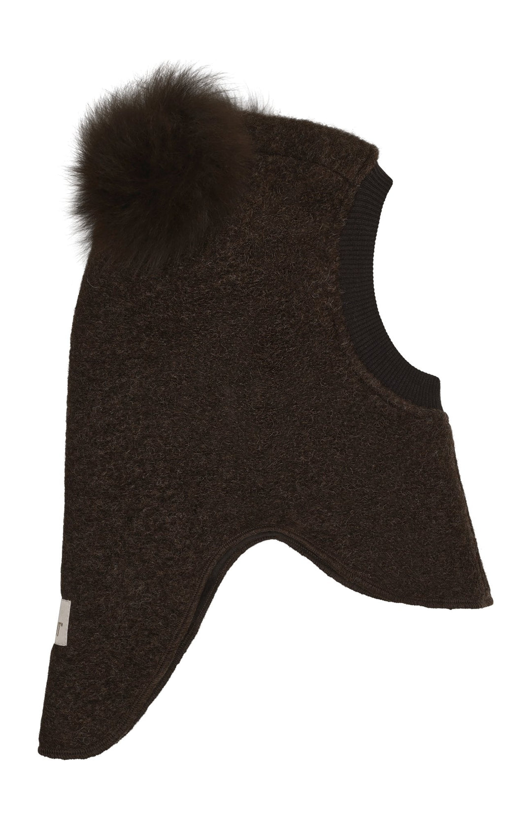 Balaclava i ull med alpackatofsar - Dark Brown Melange, HUTTEliHUT – detalj 2