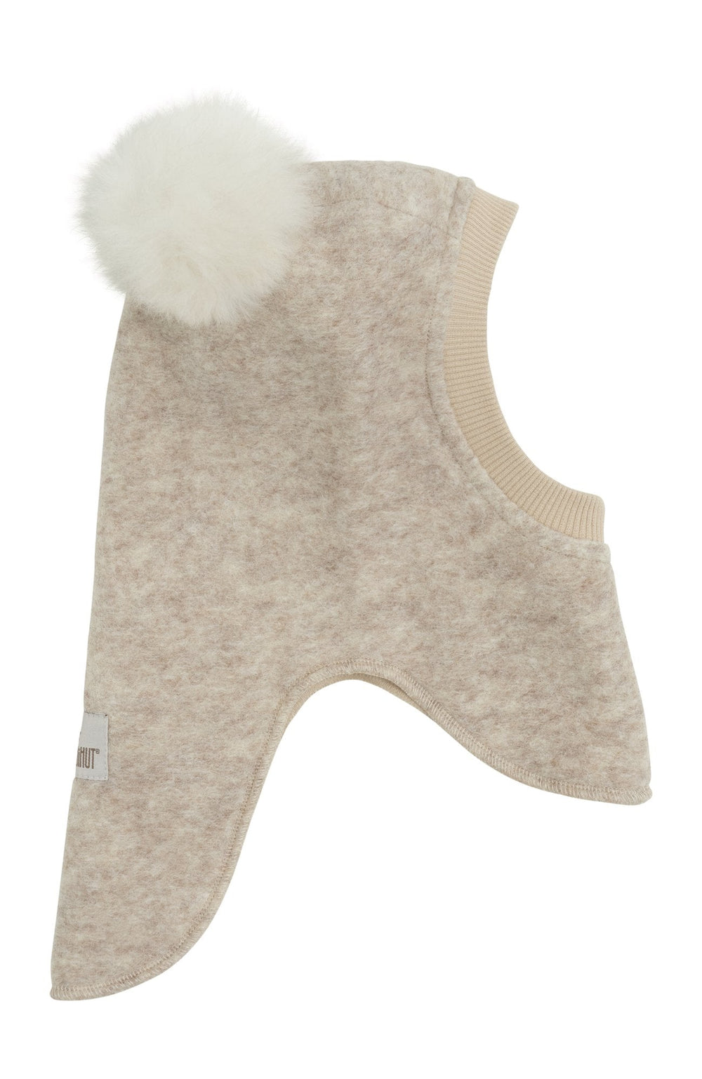 Balaclava i ull med alpackatofsar - Sand Melange, HUTTEliHUT – detalj 2