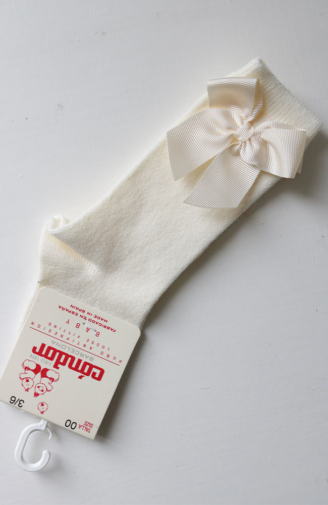 Cotton Knee Socks w/ Side Bow - Cream Condor Strumpor
