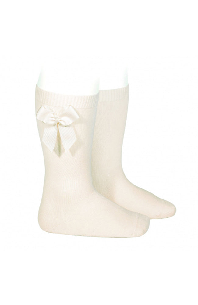 Cotton Knee Socks w/ Side Bow - Cream Condor Strumpor