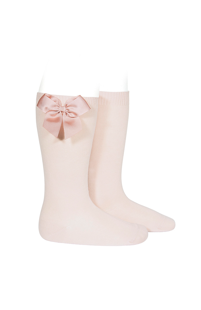 Cotton Knee Socks w/ Side Bow - Nude Condor Strumpor