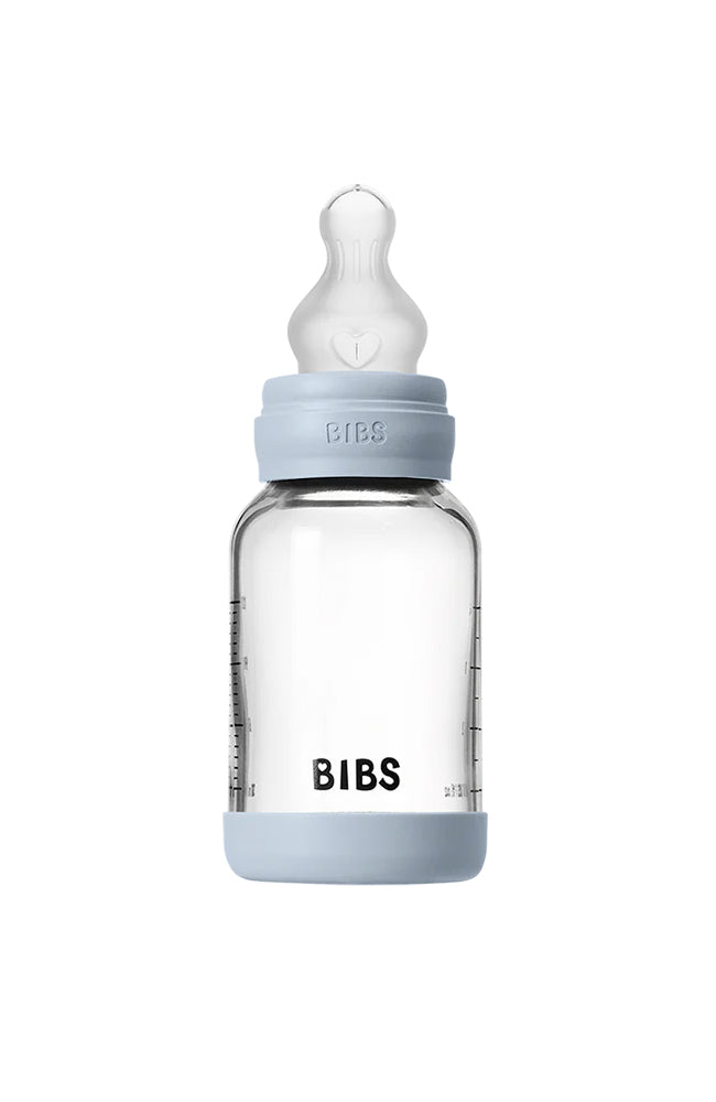 Baby Glass Bottle Set 120ml Silicone - Baby Blue Bibs Nappflaska